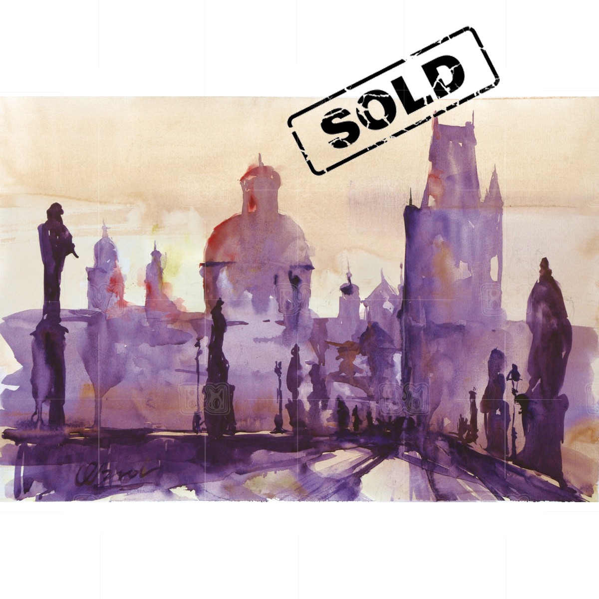 Sunset on the Charles bridge in Prague - original watercolor painting on paper Sunset on the Charles bridge in Prague - original watercolor painting on paper