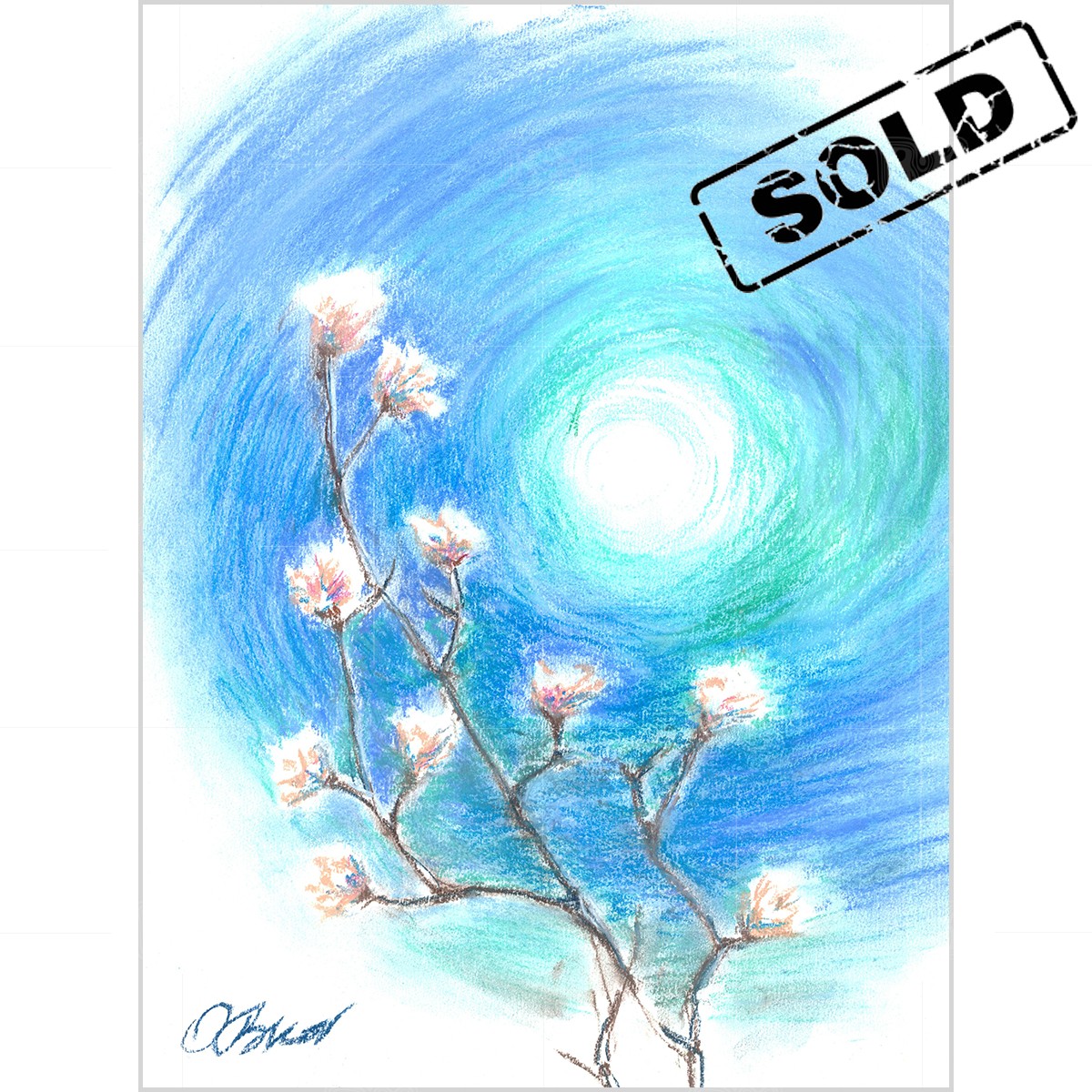 Blooming tree on the light blue background - original soft pastel painting on paper Blooming tree on the light blue background - original soft pastel painting on paper