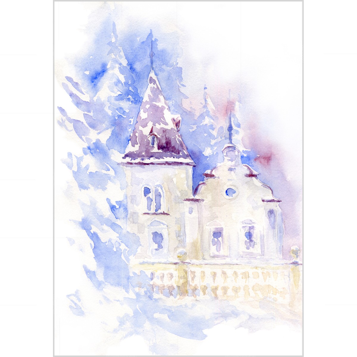 A baroque house in winter forest - original watercolour painting A baroque house in winter forest - original watercolour painting