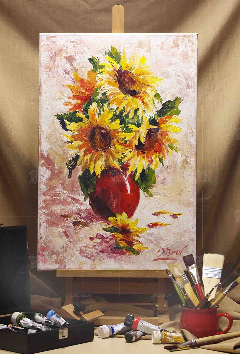 Sunflowers in a vase - original painting - studio