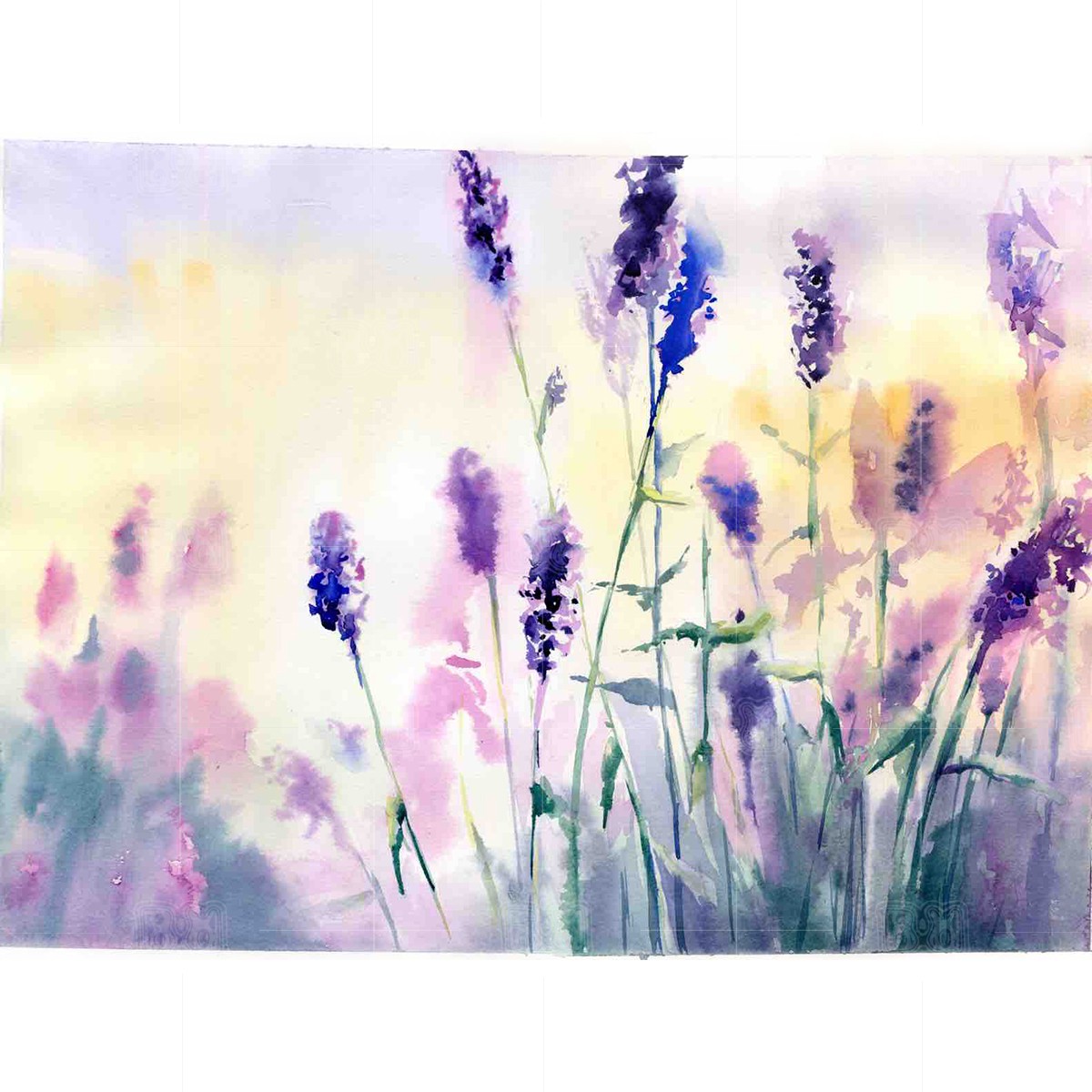 Sunrise at a lavender field - original watercolour painting on paper Sunrise at a lavender field - original watercolour painting on paper