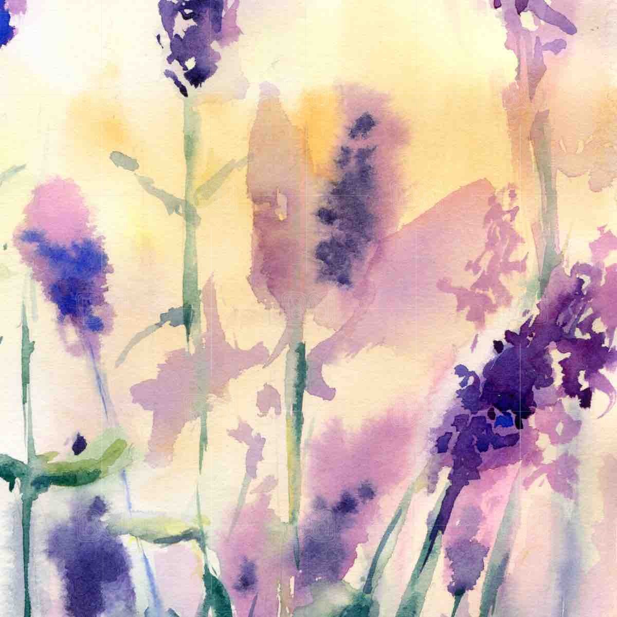 Sunrise at a lavender field - original watercolor paniting - close up Sunrise at a lavender field - original watercolor paniting - close up