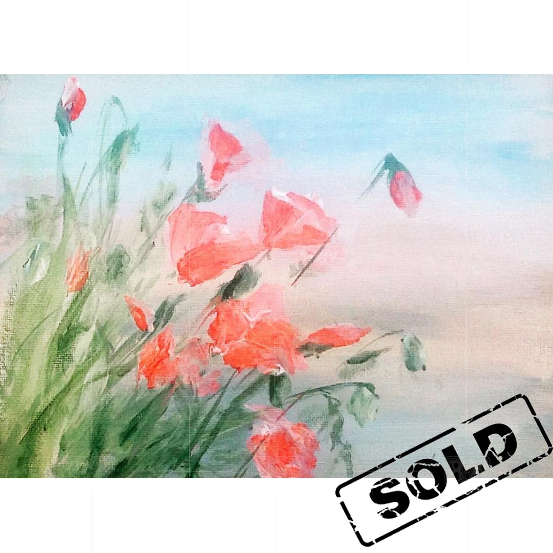 Early morning on a poppies field - original mixed materials painting on canvas Early morning on a poppies field - original mixed materials painting on canvas
