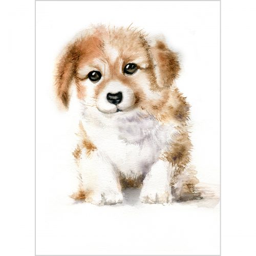 A watercolor portrait of a pup