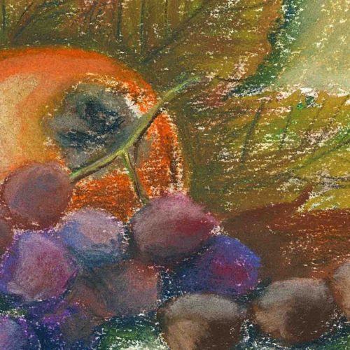 Date plum, grape and nuts - original soft pastel painting - close up