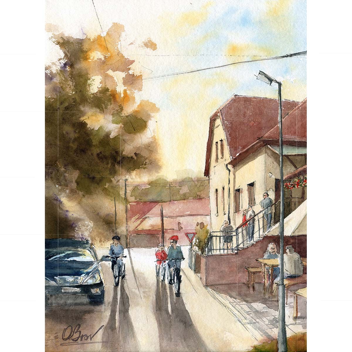 Letni vecer u hospody - Sousede - watercolor painting 30x40 cm Letni vecer u hospody - Sousede - watercolor painting 30x40 cm