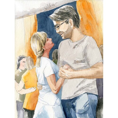 Party in the village bar 3 - original watercolor painting 30x40 cm