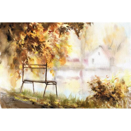 Gold autumn - watercolor painting 58x38 cm