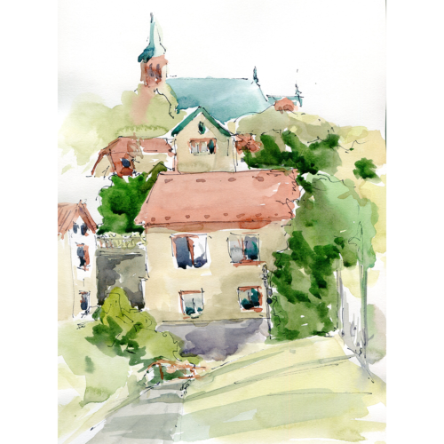 Summer in old village - original watercolor painting - 20x30 cm - Olga brovchenko